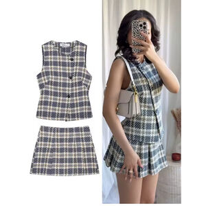 Textured Plaid Waistcoat/Skort Set Size S